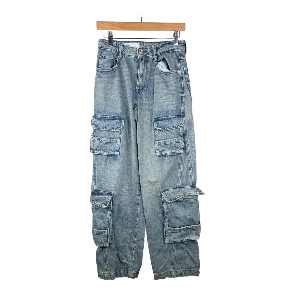 Zara Light Wash Denim Cargo High-Rise Jeans